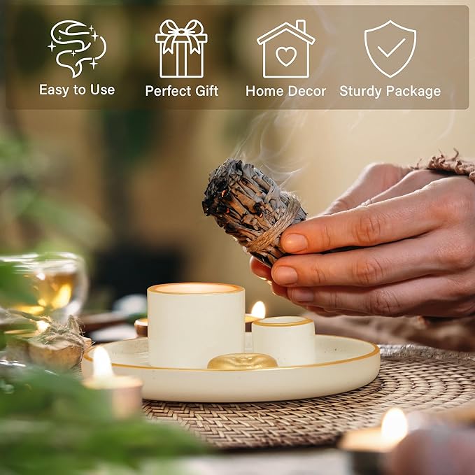 ZenBless Multifunction Incense and Candle Holder for Burning Sage, Palo Santo, Incense Sticks - 5.9" Ceramic Ash Catcher Tray for Meditation Room Home Decor (Gold)