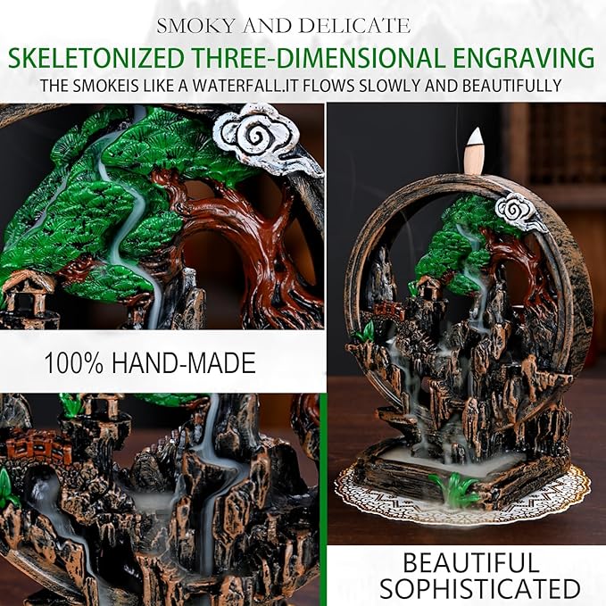 Mountain Waterfall Incense Burner，Backfall Incense Holder River, Incense Falls Meditation Decor for Room with Upgrade Incense Cones and Accessories (Chimney)