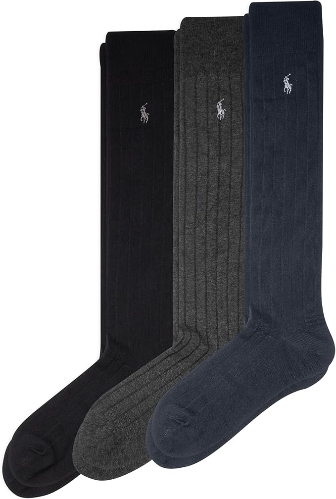 POLO RALPH LAUREN Mens Mercerized Cotton Ribbed Dress OTC Socks 3 Pair Pack Reinforced Cotton Comfort