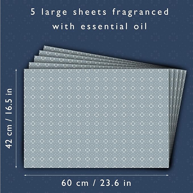 Fragrant Scented Drawer Liners in a Geometric Print (Folded) | Natural | Pack of 5 Sheets | Contains Essential Oils | Made in The UK (Dusk Blue | Fresh Linen, Folded)