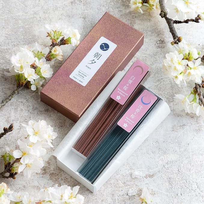Asayu Japan Low Smoke Incense Sticks - Sakura Set (Sandalwood-Sakura + Agarwood-Sakura), 40gr (Each Scent 20g), for Yoga, Zen Meditation and Relaxation - Smokeless for Less Irritation