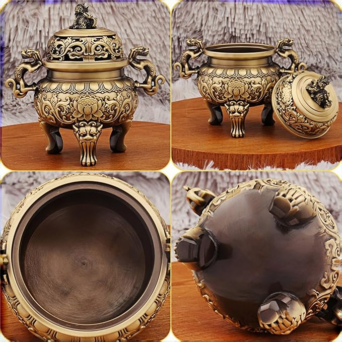 Chinese Solid Brass Incense Burner with Lion Lid - Handmade 670g Feng Shui Censer, 5.5 Inch Wide Mouth Brass Incense Burner for Zen Meditation Altar Decor, Gift Idea