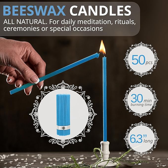 Danilovo Smudging Kit – 5 Palo Santo Sticks, 1 White Sage Smudge Stick, 50 Beeswax Taper Candles & Ceramic Candle Holder Set for Meditation, Cleansing, and Spiritual Practices