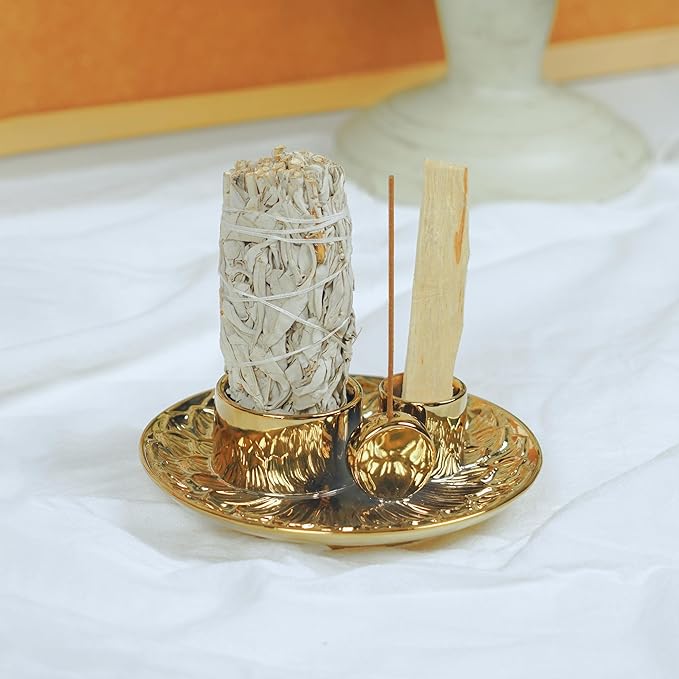 4 in 1 Incense Holder, Ceramic Incense Stick and Palo Santo Holder,Sage Holder for Burning- 5.5" Ceramic Ash Catcher Tray for Meditation and Yoga Room (Golden)