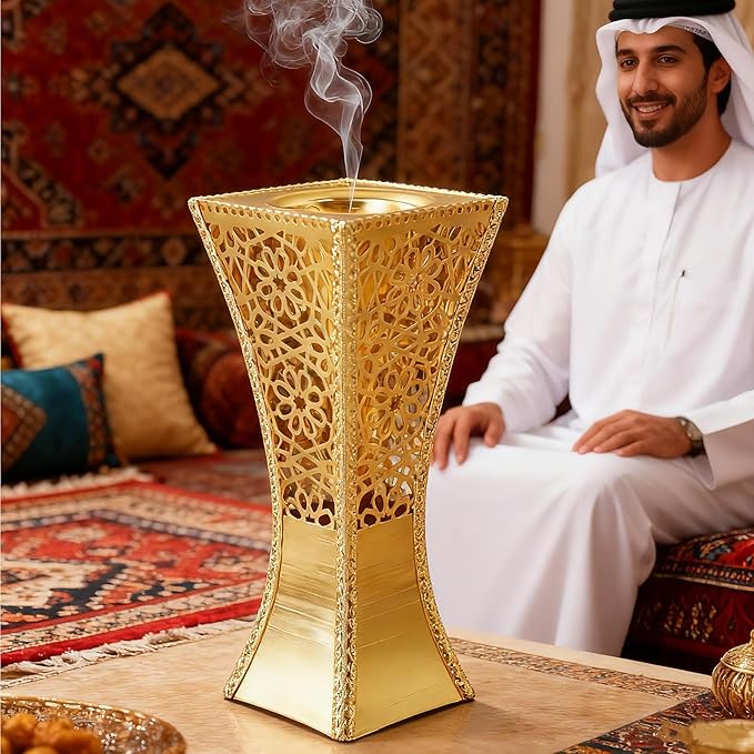 Hand-Carved Charcoal Incense Burner - Bakhoor Burner Magnificent Oud Frankincense Metal Burner for Office & Home Decor - Rust Proof Incense Holders for Yoga Spa Meditation(Gold)