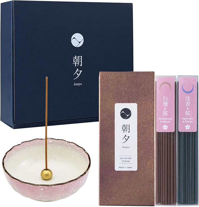 Asayu Japan Low Smoke Incense Gift Set with Incense Holder and Brass Stand, Premium Sakura Cherry Blossom Blends Set Incense Sticks with Pastel Pink Lotus Incense Holder