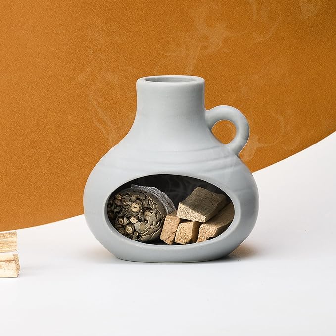 3 in 1 Holder Burner, Modern Chiminea Incense Burner for Palo Santo Sticks Cones Sage Bundles, Ceramic Smudge Bowl, Meditation Yoga Home Decor (Morandi Blue)