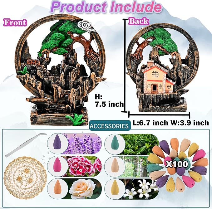 Mountain Waterfall Incense Burner，Backfall Incense Holder River, Incense Falls Meditation Decor for Room with Upgrade Incense Cones and Accessories (Chimney)