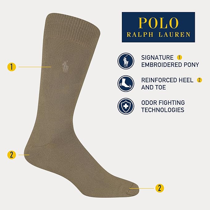 POLO RALPH LAUREN men Super Soft Flat Dress Crew Socks - 3 Pair Pack - Heel-toe Reinforcement
