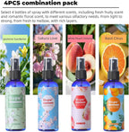 Natural Bedroom Linen Spray Scented Room Mist with Plant Extracts Long Lasting Freshness for Sheets, Pillows & Curtains – 4oz 4Bottle（Cherry Blossom + Citrus + White Peach + Gardenia）