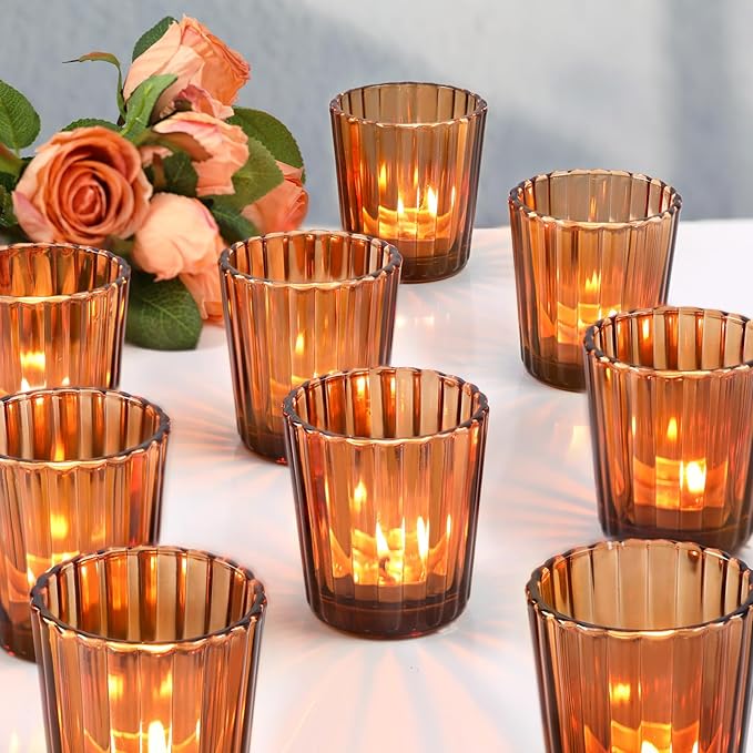 24pcs Vintage Ribbed Amber Votive Candle Holders, Fall Centerpieces for Tables, Tealight Candle Holder for Thanksgiving, Wedding Decor, Boho Home Decor and Christmas Decor