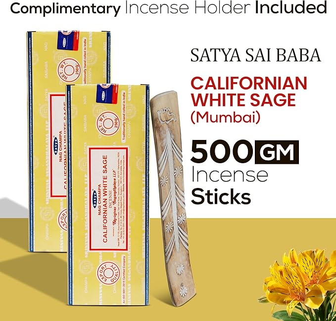 Satya Californian White Sage Incense Sticks 250 gmx 2 Pack (500 GMS), Insenses with Raajsee Insence Holder Bundle, Nag Champa Natural Incense