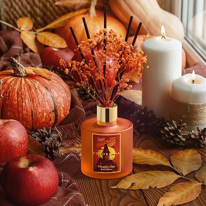 COCORRÍNA Reed Diffuser - Pumpkin Chai 6.7 fl oz Scented Diffuser with 8 Sticks Home Fragrance Bathroom Shelf Decor (Halloween Collection)