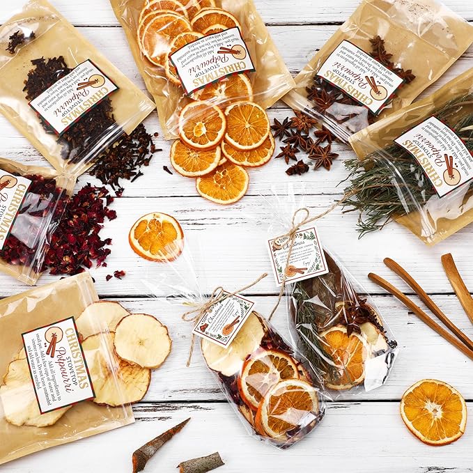 Loopeer 9 Pack Potpourri Simmer Kit 645g DIY Christmas Stovetop Potpourri with Card Transparent Bag Tag Xmas Scent Winter Stovetop Simmering Ingredients for Home Fragrance Housewarming Hostess Gift