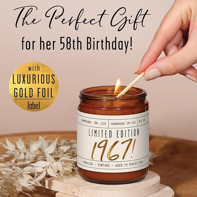 58th Birthday Gifts for Women - 'Limited Edition 1967' Soy Candle, w/Champagne on Ice I 58 Birthday Gifts for Women I 58th Gift for Her Ideas I 9oz Reusable Jar, 50Hr Burn, Made in USA