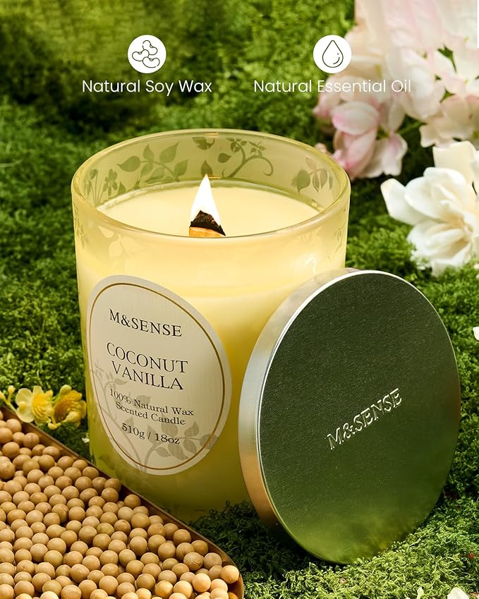 M&SENSE Coconut Vanilla Scented Candle, Wooden Wick Candles with Lid, 100 Hours Long Burning No Toxin Natural Soy Wax 18oz, Relax Stress Relief Sleep Home Fragrance,Housewarming Gifts for Her Him