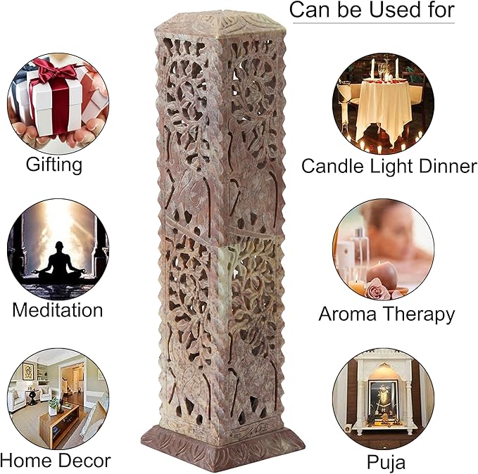 Handmade Carving Soapstone Incense Stick Tower Holder | Incense Stick Tower Burner Holder Spa Aromatherapy Home Office Fragrance Accessories Home Office Decor - (10 X 3 Inches)