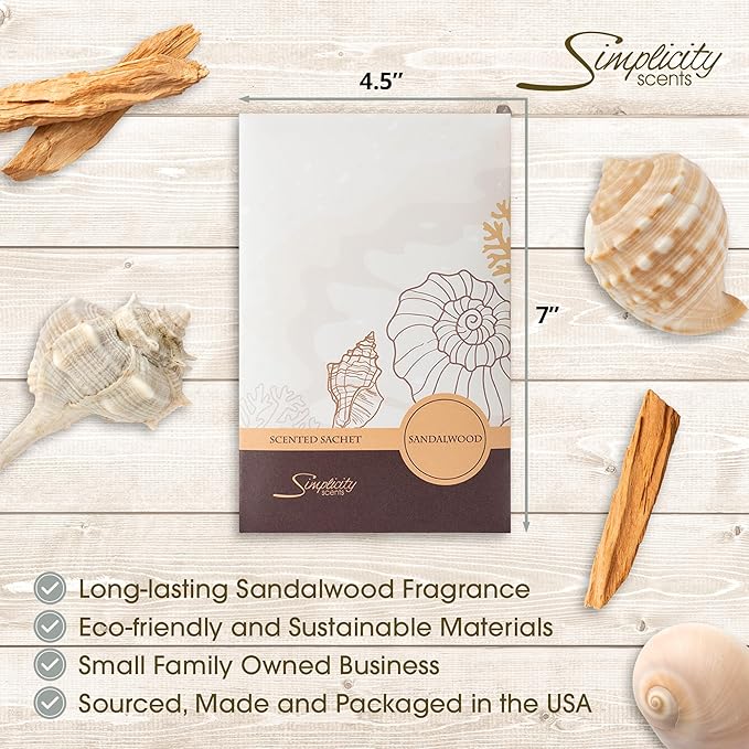 Sandalwood Scented Sachets Pack of 6, Everyday - Long-Lasting Scented Bags, Home Fragrance, Air Freshener & Deodorizer for Closet, Room, Drawer, or Cars, Made in USA