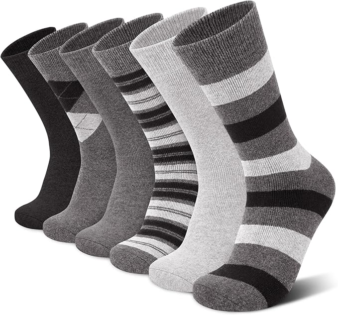 6 Pairs Merino Wool Socks for Men Thick Warm Thermal Winter Striped Dress Hiking Crew Men Socks Size 9-14
