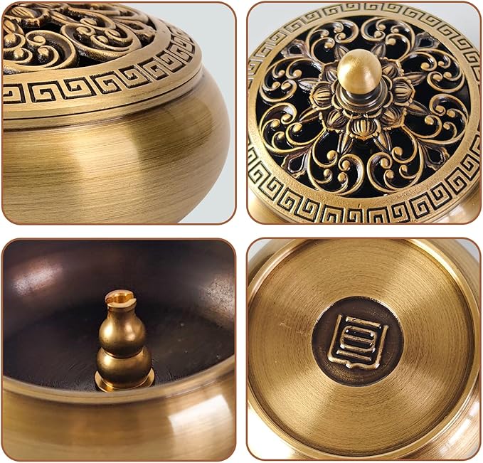 Copper Incense Burner with Stick Holder, Incense Stick Holder Cone Coil Holder with Fireproof Cotton for Madiation Yoga Spa Home Office Decor (Brass)
