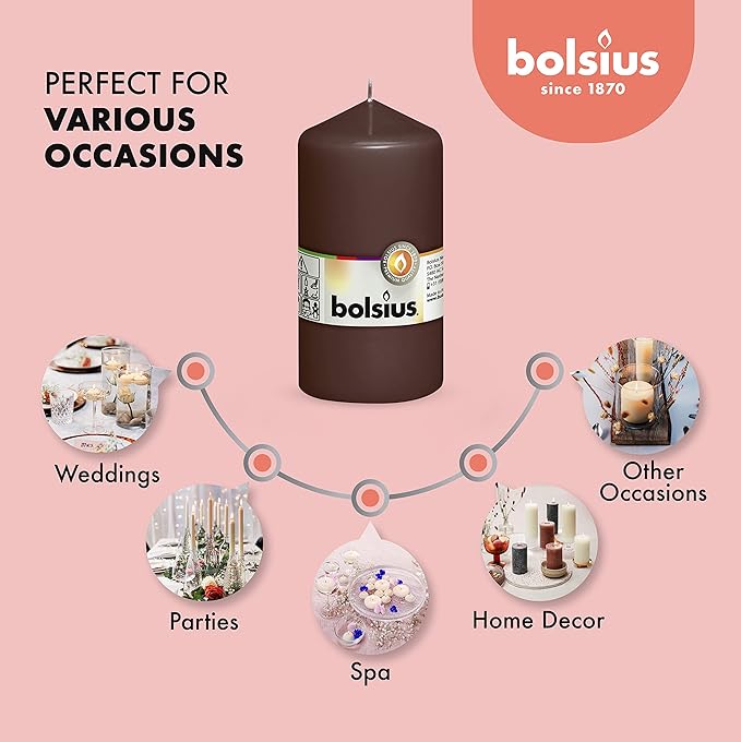 BOLSIUS 8 Maroon Pillar Candles - 2.75 x 5 Inches - Premium European Quality - Individually Wrapped - 43 Hours Burn Time - Dripless & Smokeless - Unscented Dinner, Wedding, Party, & Restaurant Candles