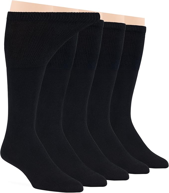 7BigStars Men Diabetic Loose Dress Business Cotton Mid Calf Socks - 5 Pack Large - Solid Casual - Sock Size 10-13 Shoe Size 9-12 L Black
