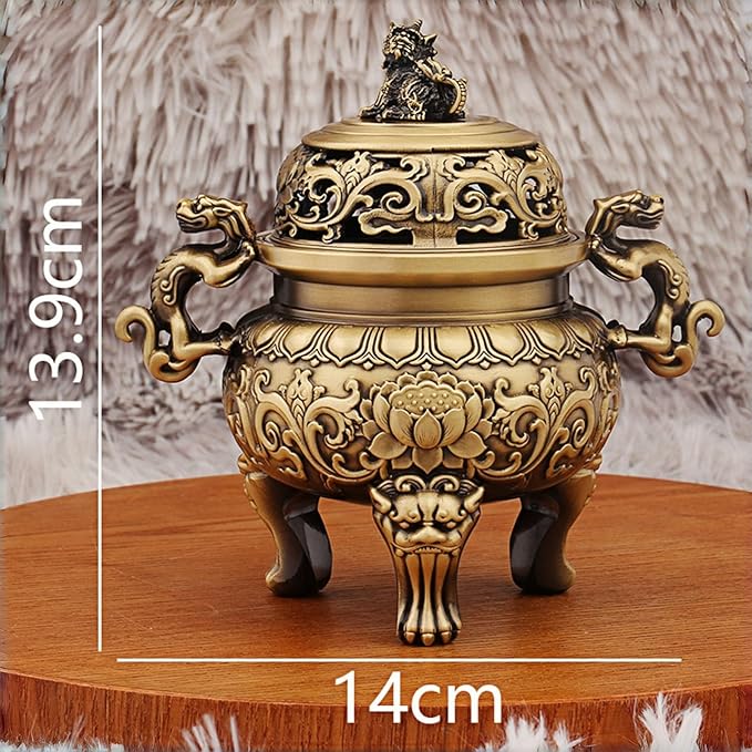 Chinese Solid Brass Incense Burner with Lion Lid - Handmade 670g Feng Shui Censer, 5.5 Inch Wide Mouth Brass Incense Burner for Zen Meditation Altar Decor, Gift Idea