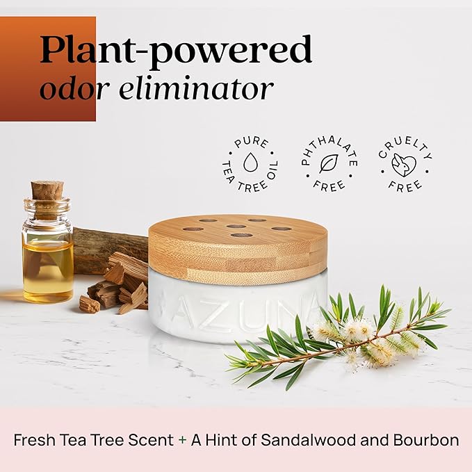Azuna Air Freshener & Odor Eliminator for Strong Odor | 4 Room Kit Includes (4) Empty Luxe Glass Jars & 24oz Gel Refill with Tea Tree Essential Oil | Sandalwood Scent | Last 60-90 Days