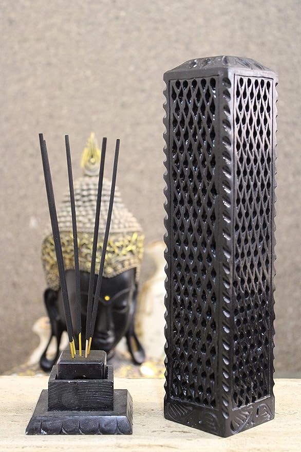 Handmade Black Soapstone Incense Stick Tower Holder | Marble Incense Stick Tower Burner Holder Spa Aromatherapy Home Office Fragrance Accessories Home Office Decor - (11 X 3 Inches)