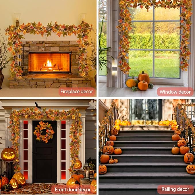 Artgar Fall Maple Leaf Garland, 6 Ft Fall Decor Garland with Pine Cones Berries, Harvest Decor Garlands with 30 Warm Lights for Fall Home Thanksgiving Fireplace Table Indoor Outdoor Porch Decor