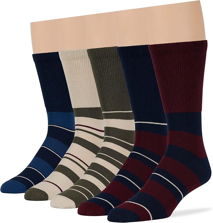 Men's Diabetic Loose Seamless Dress Crew Socks - 5 Pack Large - Stripe Pattern - Sock Size 10-13 Shoe Size 9-12 Burgundy, Dark Navy, Olive Green, Light Beige
