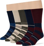 7BigStars Men's Diabetic Seamless Cotton Crew Socks - 5 Pack Big Tall - Stripe Pattern - Sock Size 13-15 Shoe Size 12-15 XL Burgundy, Dark Navy, Olive Green, Light Beige