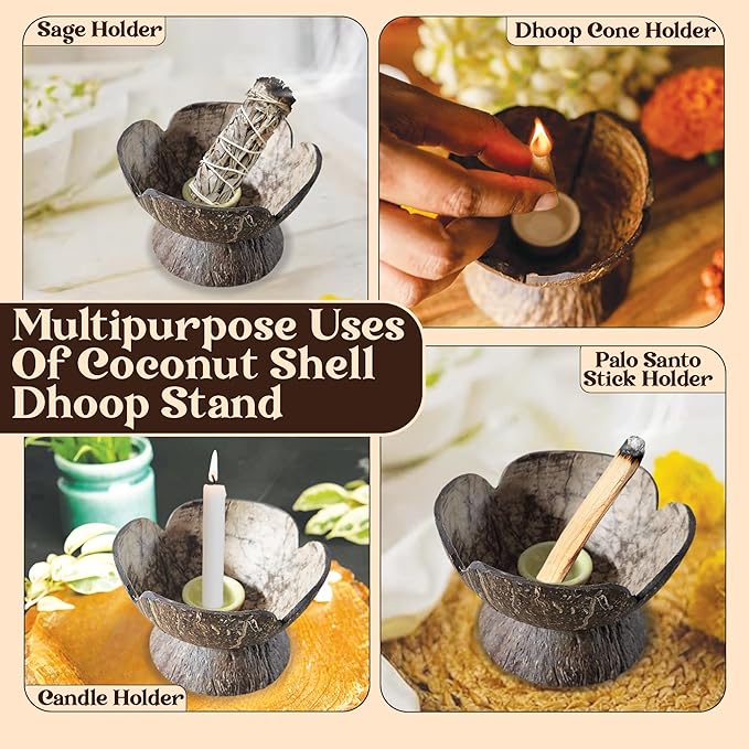 Handmade Coconut Shell DHOOP Stand – Eco-Friendly Natural Incense Holder Charcoal/Cone Burner, Sage Stand, Palo Santo Holder, Ash Catcher for Aromatherapy, Meditation, Yoga, Spiritual