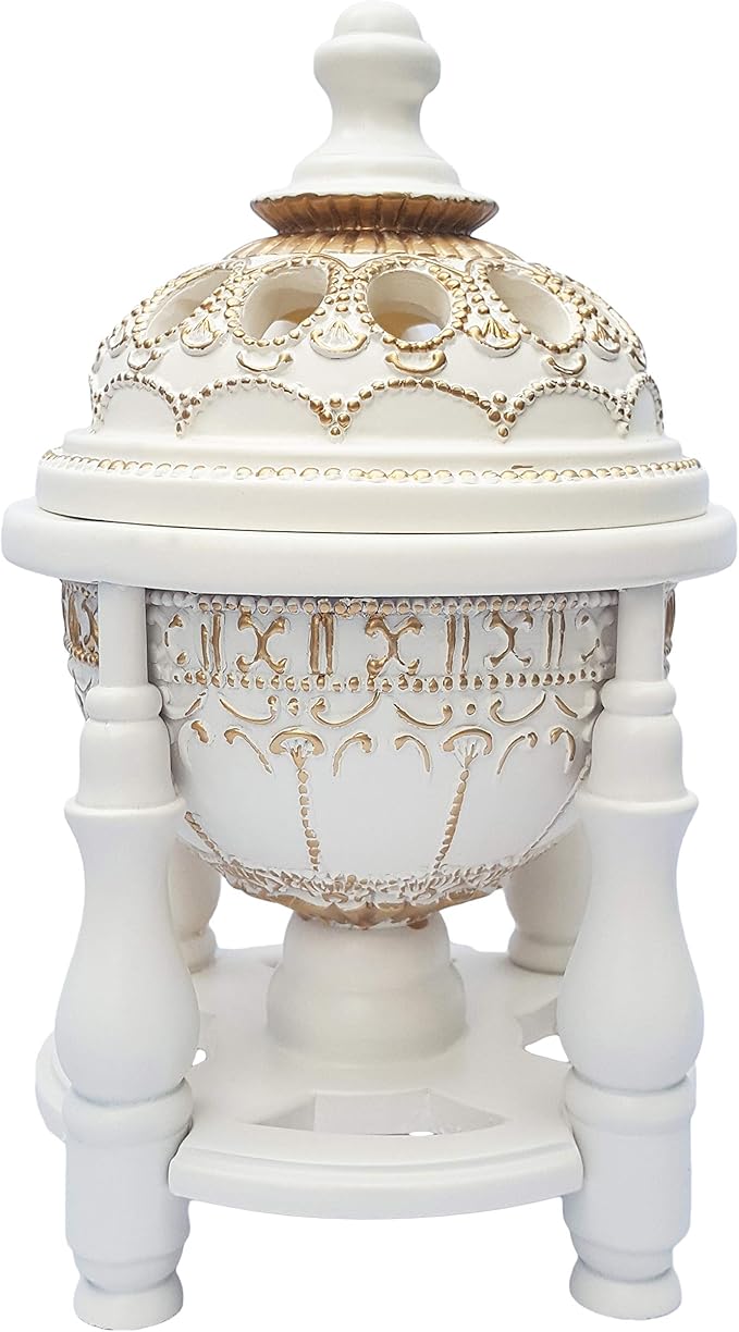 AM Charcoal Incense Burner - Bakhoor Burner, Oud Frankincense Resin Burner for Office & Home Decor - Lavish 4 Pillar (White)