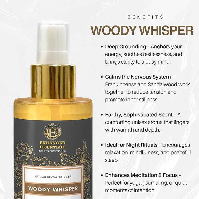 Luxurious Essential Oil based Room Spray by Enhanced Essentials|100% Natural & Synthetic Free|Elevates Ambiance with a Soothing Woody Aroma|Refreshing,Grounding & Calming|3.4 fl oz (100 ml)