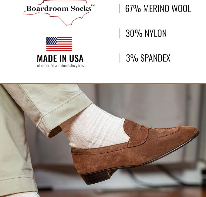 Merino Wool Mid-Calf Dress Socks for Men, Ribbed Dress Socks