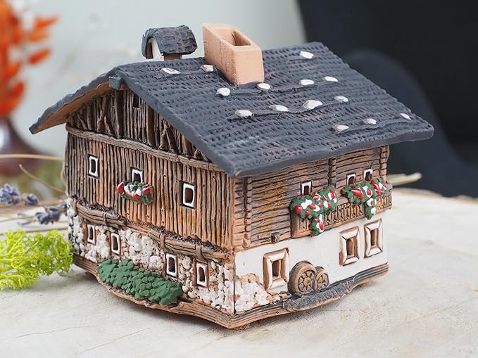 Ceramic Art Cone Incense Holder Room Decoration Handcrafted Collectible Miniature Old House on Lutago, Tirol, Italy R235