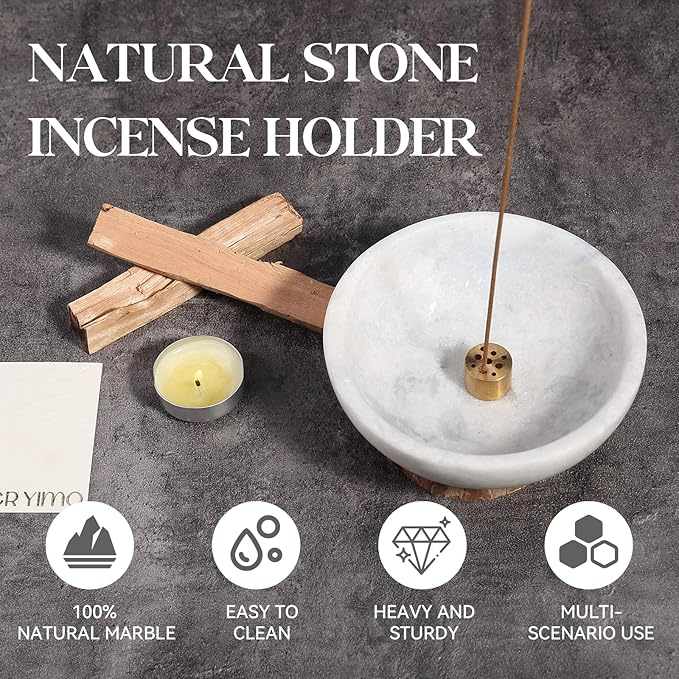 Koville Natural Marble Incense Holder, Incense Holder for Sticks with 9 Holes, Handmade Incense Burner Ash Catcher for Meditation Yoga SPA, Balsam Fir/Palo Santo/Sage/Cone (Grigio Fantasy)