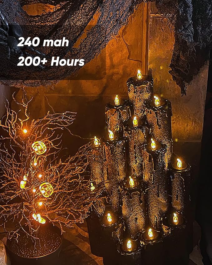 BEICHI Black Tea Lights, 24-Pack Battery Operated, Flameless Fake Candles Flickering, LED for Fall Holiday Decor, Theme Party, 1.4" D x 1.3"H - Warm White Light