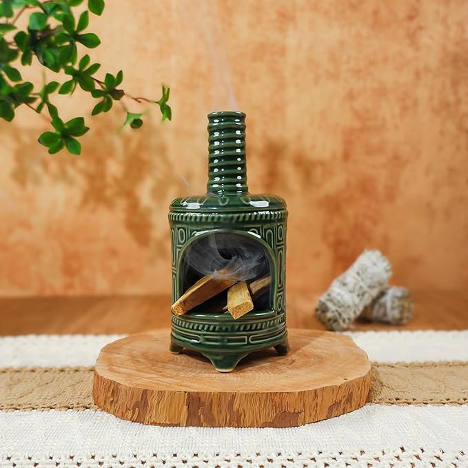 Handmade Ceramic Palo Santo Holder & Mini Chiminea Incense Dish-Perfect for Palo Santo Sticks, Altar，Sage, and Cone Burning-Zen Decor for Energy Cleansing, Yoga, Meditation & Aromatherapy