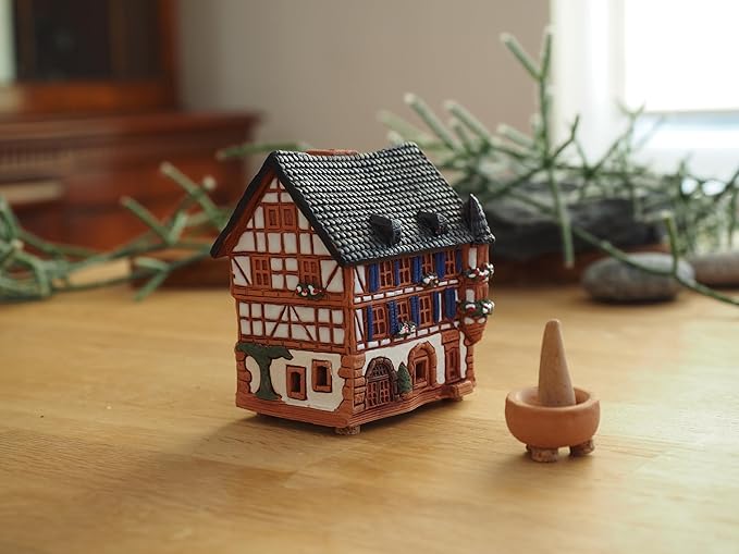 Ceramic Art Cone Incense Holder Room Decoration Handcrafted Collectible Miniature Historical Timbered House in Kaysersberg, Alsace, France R264