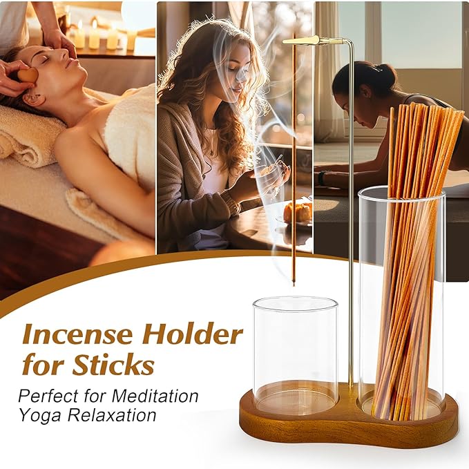 2 in 1 Incense Holder for Sticks, Dual-Purpose Incense Holder with Glass Ash Catcher, Anti-Ash Flying Burner and Organizer, Meditation Yoga Spa Home Decor for Sticks Cones(Wood, Dark Brown)