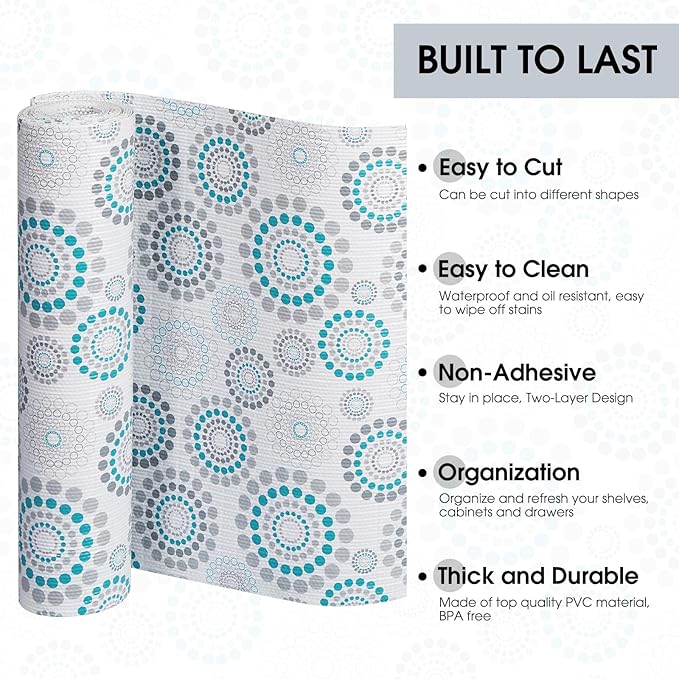 Drawer and Shelf Liner, Non-Slip Kitchen Cabinet Liners Non-Adhesive Thick Strong Grip Waterproof Washable Mats Protect Dresser Shelves Cupboard Bathroom Cabinets, Spiral, 18 in X 30 FT