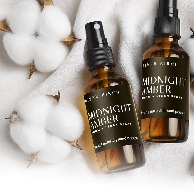 River Birch Luxury Linen and Room Spray - Midnight Amber Home Signature Scent - Room Fragrance Spray - Fragrant Fresh Linen Air Freshener For Bedding - Handmade in Texas - 4 oz Glass Amber Bottle