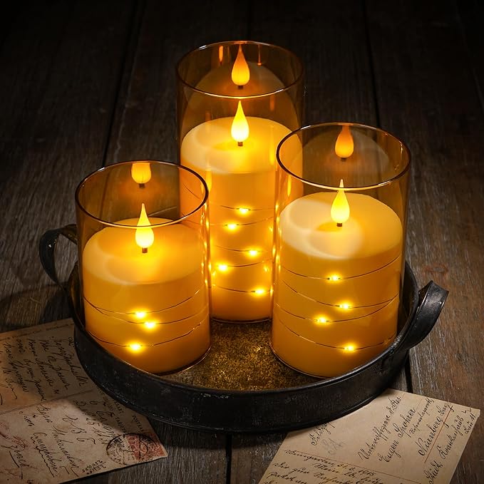 Flashing Flameless Candles with String Light, Battery Powered Candle, Recessed String LED Candles, Indestructible Plexiglass Candle with Remote Control, Set of 3, Amber