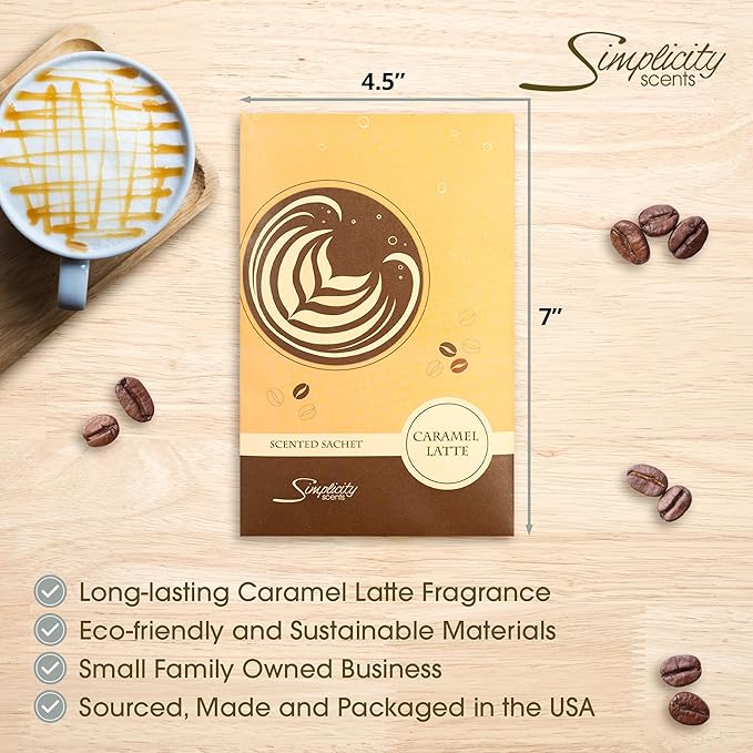 Floral Simplicity Caramel Latte Scented Sachets Pack of 6, Fall & Winter - Long-Lasting Scented Bags, Home Fragrance, Air Freshener & Deodorizer for Closet, Room, Drawer, or Cars, Made in The USA
