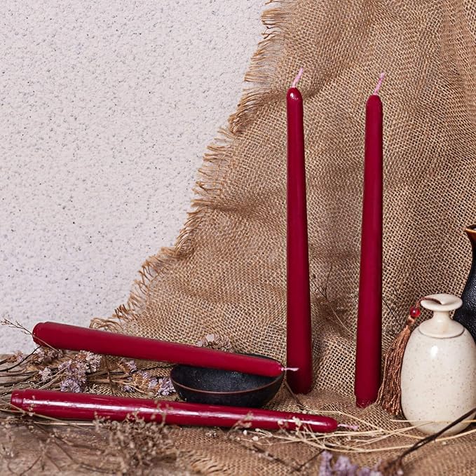 14 Pack Dark Red Taper Candles 12 Inch Tall 3/4 Inch Thick Burn 10 Hours (Burgundy)