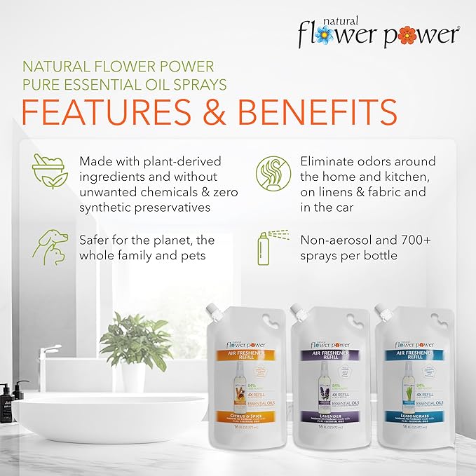 Air Freshener Spray Refills - Odor Eliminator w/Essential Oils - Home, Car & Fabric - Cruelty Free & Vegan - Variety Pack - Citrus & Spice, Lavender, Lemongrass - 3 x 16 fl oz