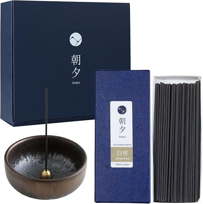 Asayu Japan Traditional Smoke Gift Set with Incense Holder and Brass Stand, Sandalwood Incense Sticks with Zen Ceramic Holder