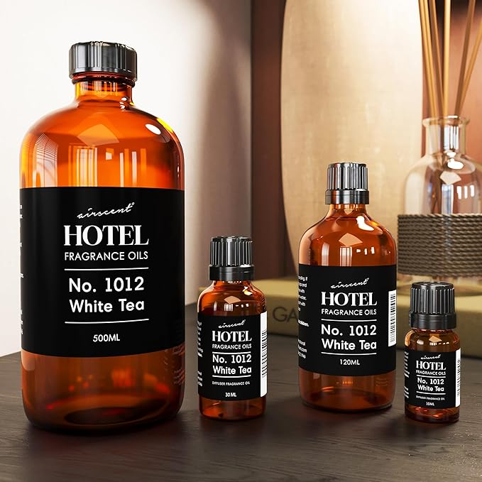 AirScent Hotel Diffuser Oil No. 1012 Inspired by The White Tea Hotel Scent - Premium Fragrance Oil for Ultrasonic and Waterless Diffusers and Crafting - 500 mL, 16.9 fl oz Glass Dropper Bottle